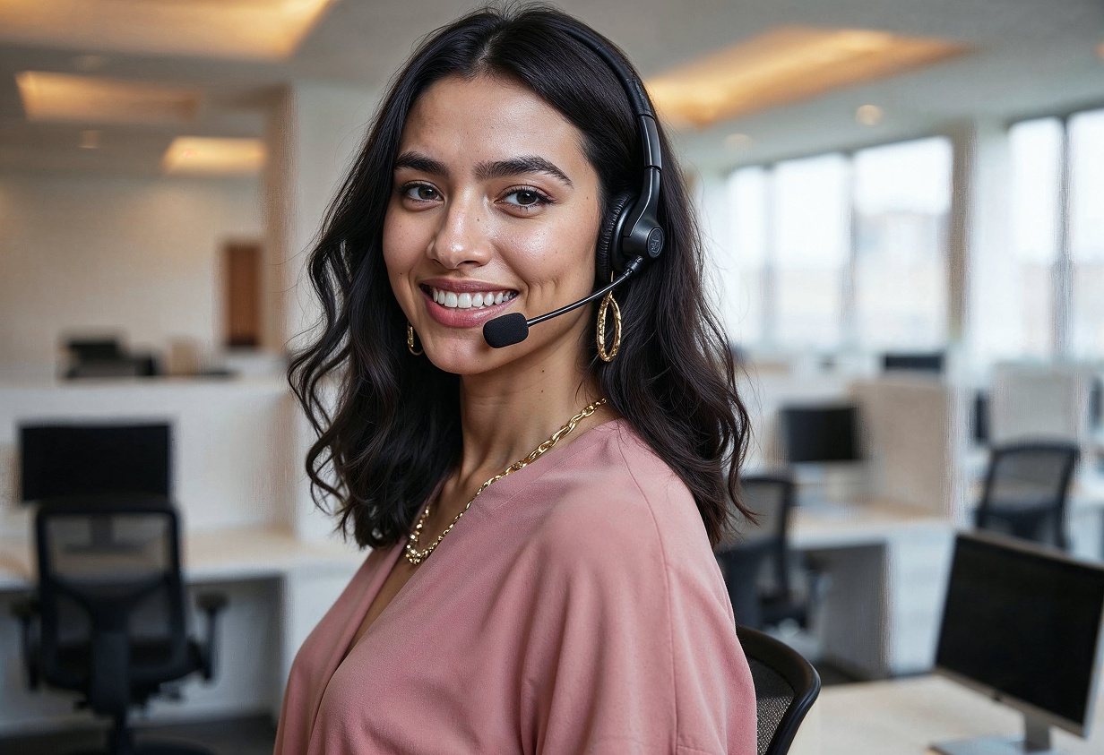 Mulher sorridente com cabelos escuros ondulados, usando um headset com microfone, vestindo uma blusa rosa e joias douradas, em um ambiente de escritório com estações de trabalho ao fundo