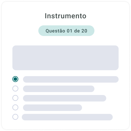 Interface de um questionário online ou formulário, com o título 'Instrumento' e a indicação 'Questão 01 de 20'. Mostra um espaço para a pergunta e cinco opções de rádio, com a primeira selecionada.